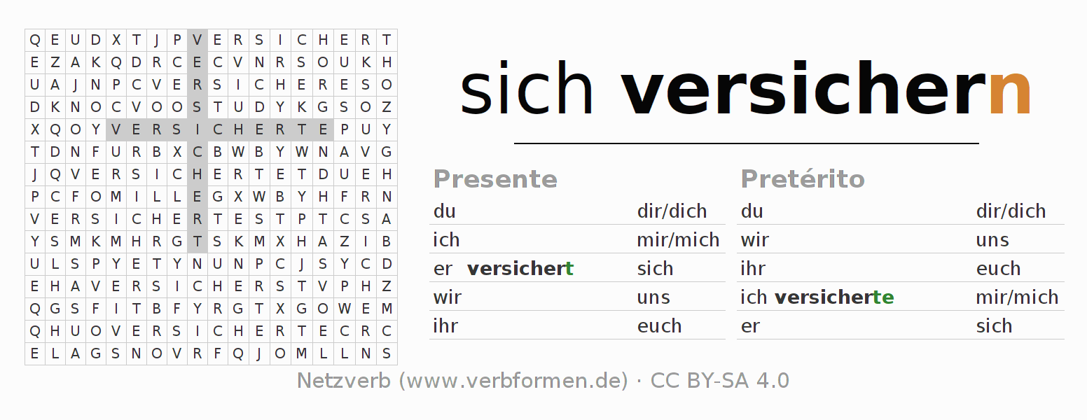 Caça-palavras com a conjugação do verbo sich versichern