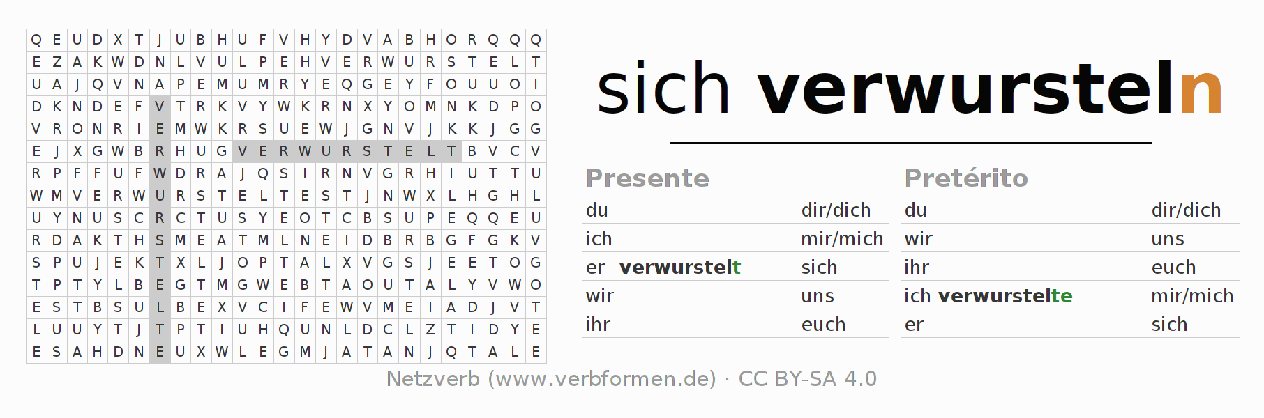 Caça-palavras com a conjugação do verbo sich verwursteln