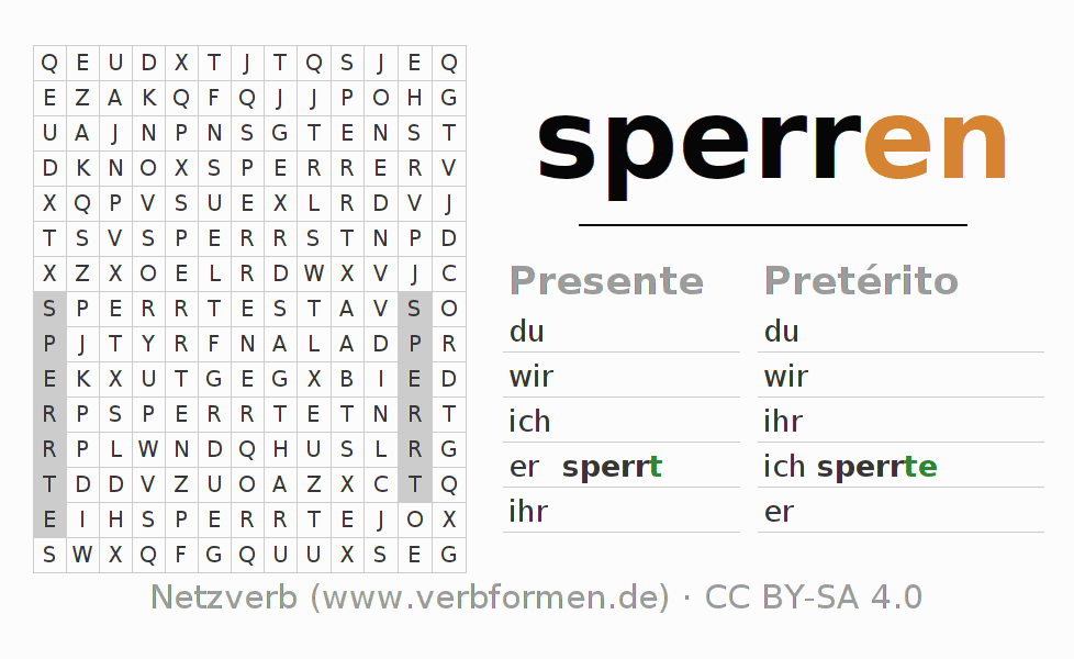 Caça-palavras com a conjugação do verbo sperren