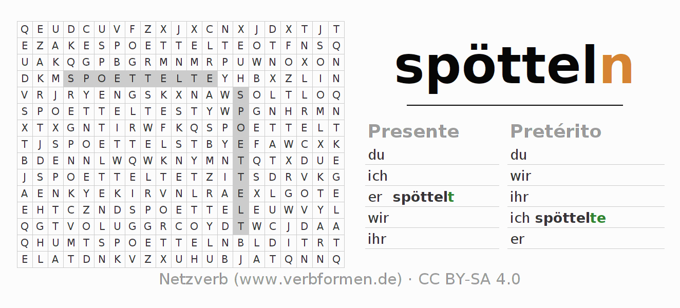 Caça-palavras com a conjugação do verbo spötteln