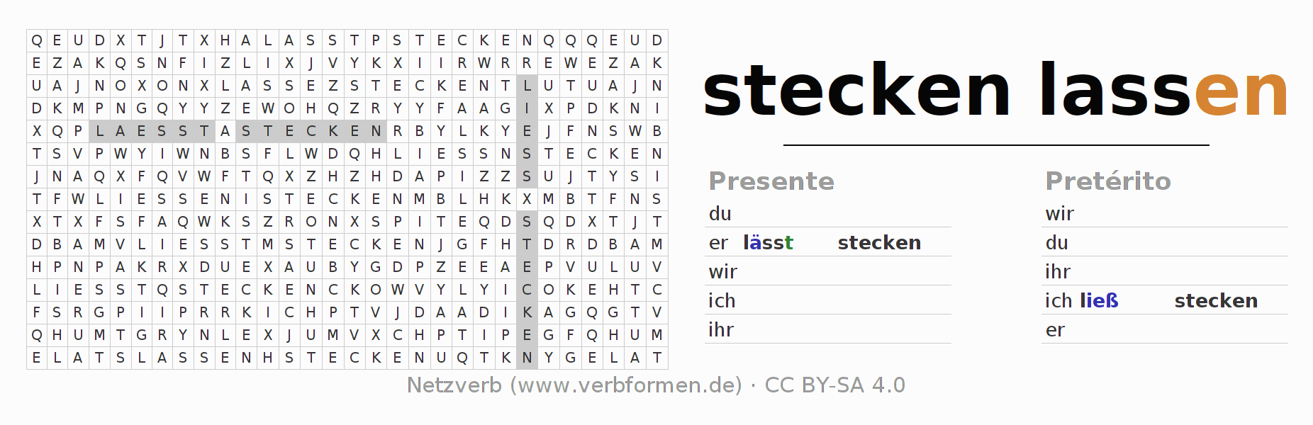 Caça-palavras com a conjugação do verbo steckenlassen