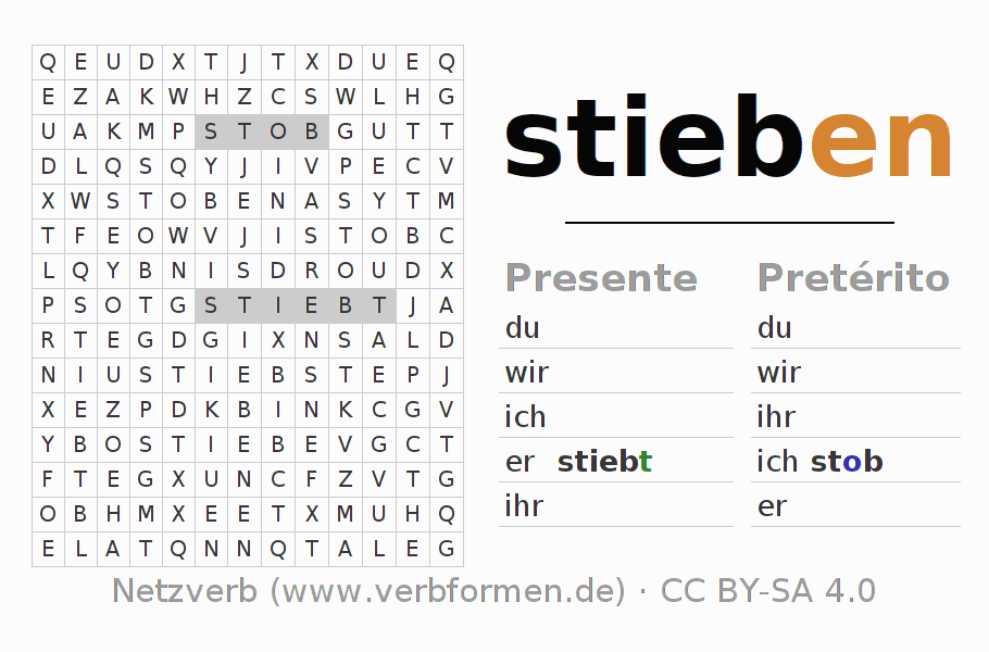 Caça-palavras com a conjugação do verbo stieben (unr) (hat)