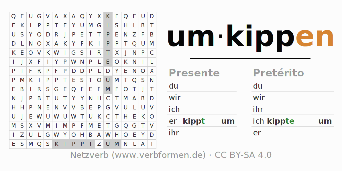 Caça-palavras com a conjugação do verbo umkippen (hat)