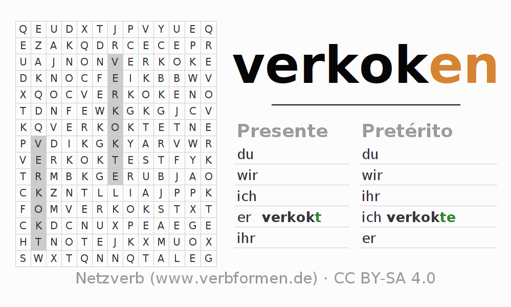 Caça-palavras com a conjugação do verbo verkoken