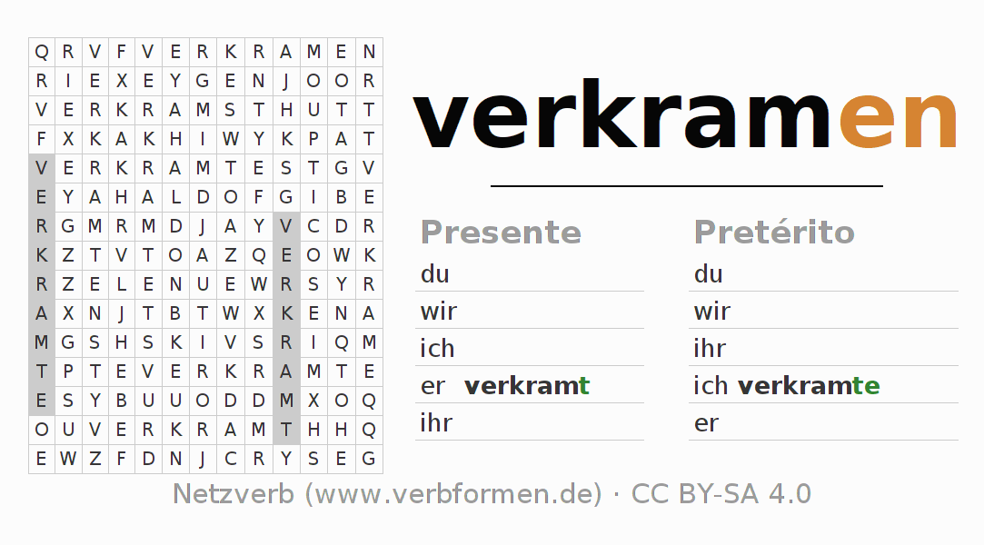 Caça-palavras com a conjugação do verbo verkramen