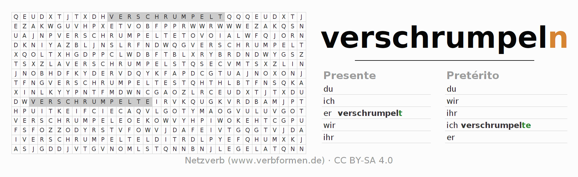 Caça-palavras com a conjugação do verbo verschrumpeln