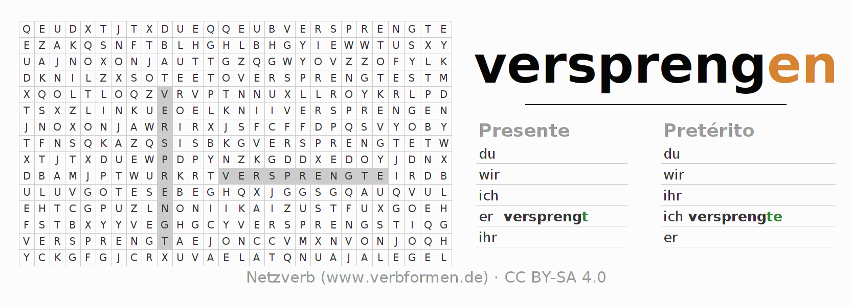 Caça-palavras com a conjugação do verbo versprengen
