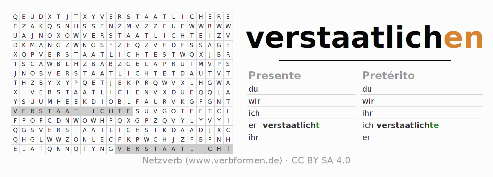 Caça-palavras com a conjugação do verbo verstaatlichen