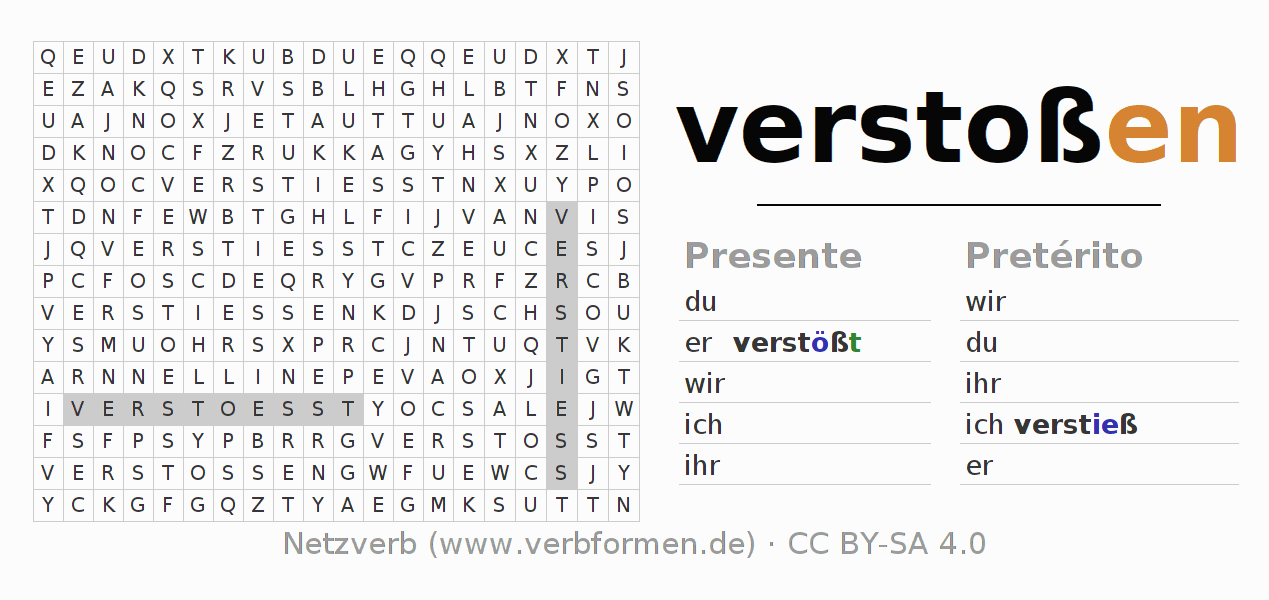 Caça-palavras com a conjugação do verbo verstoßen