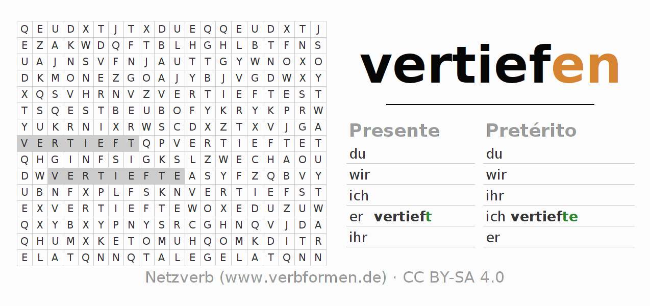 Caça-palavras com a conjugação do verbo vertiefen