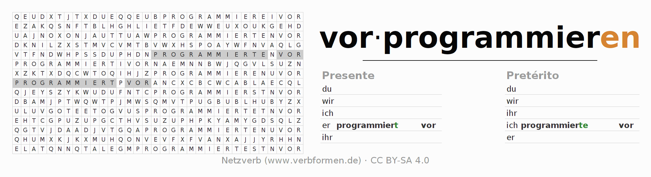 Caça-palavras com a conjugação do verbo vorprogrammieren