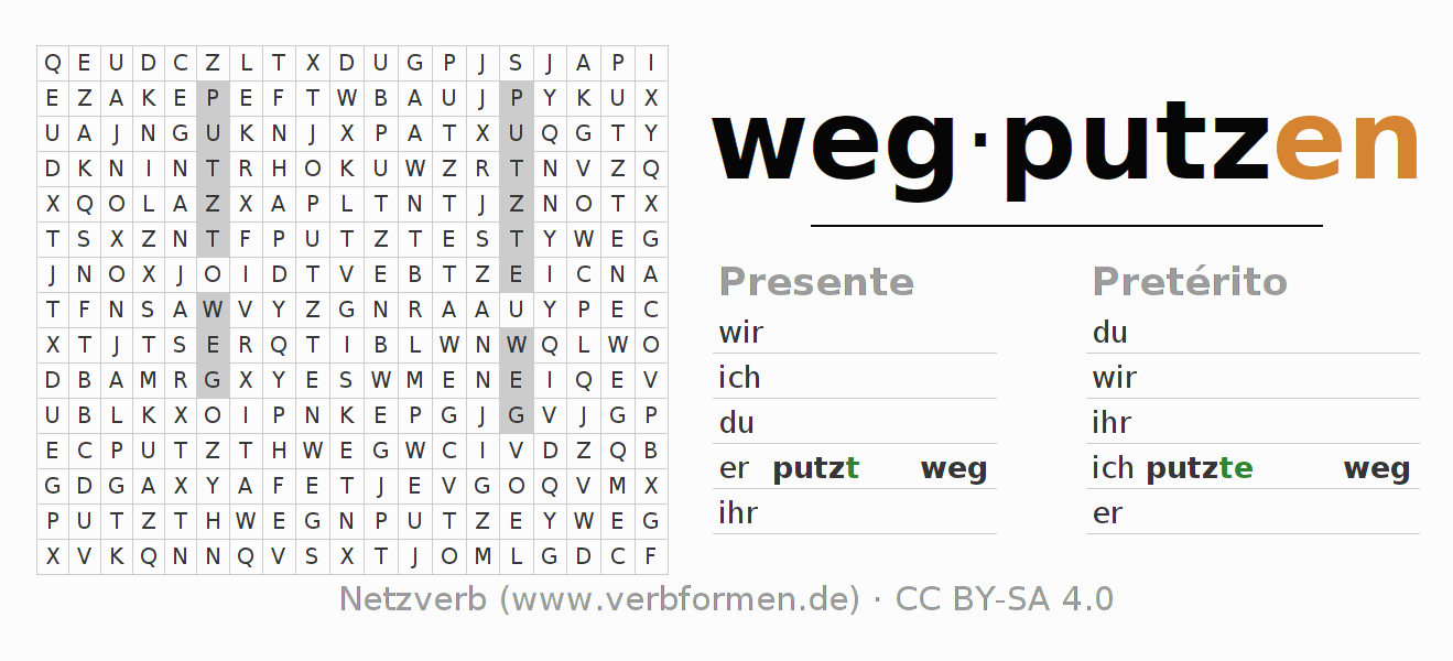 Caça-palavras com a conjugação do verbo wegputzen
