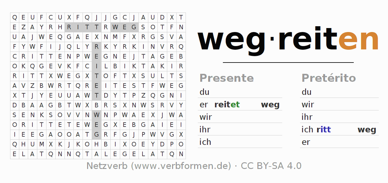 Caça-palavras com a conjugação do verbo wegreiten