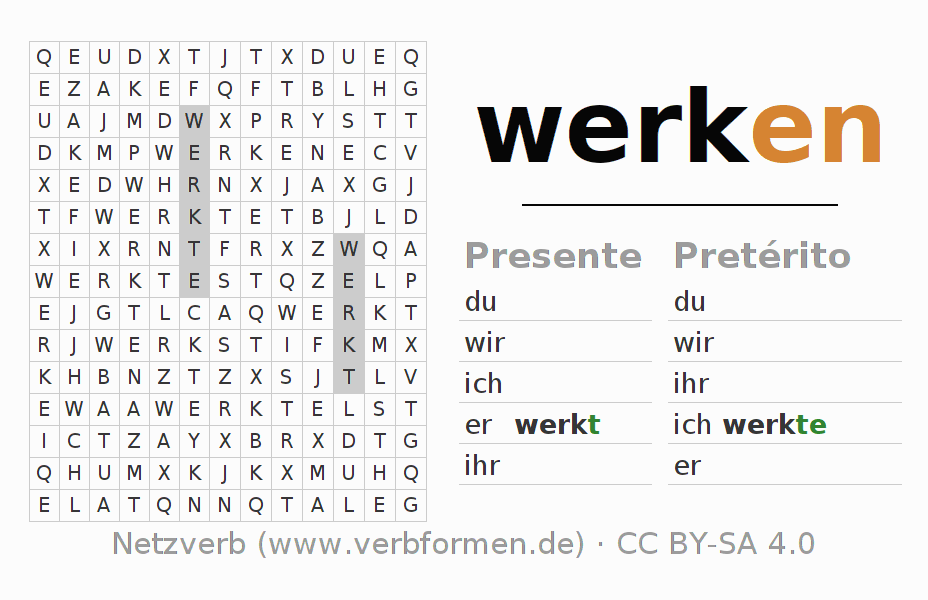 Caça-palavras com a conjugação do verbo werken