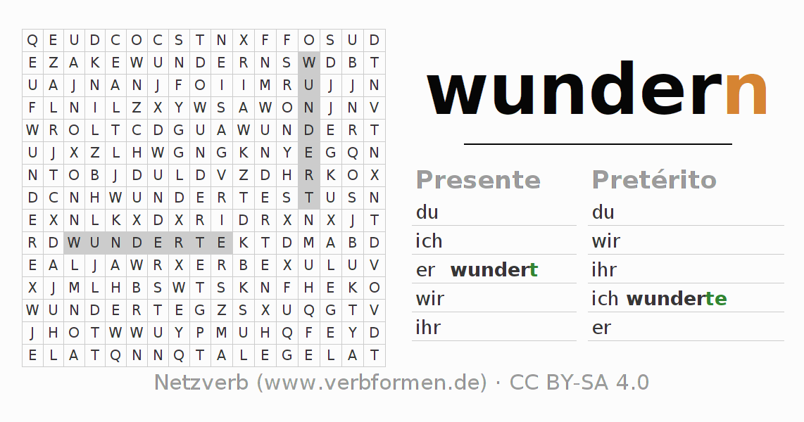 Caça-palavras com a conjugação do verbo wundern
