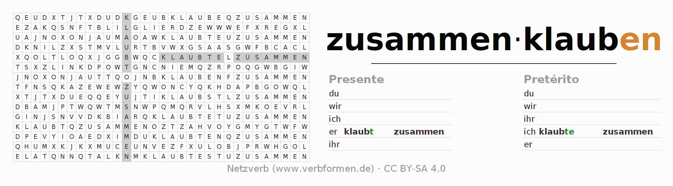 Caça-palavras com a conjugação do verbo zusammenklauben