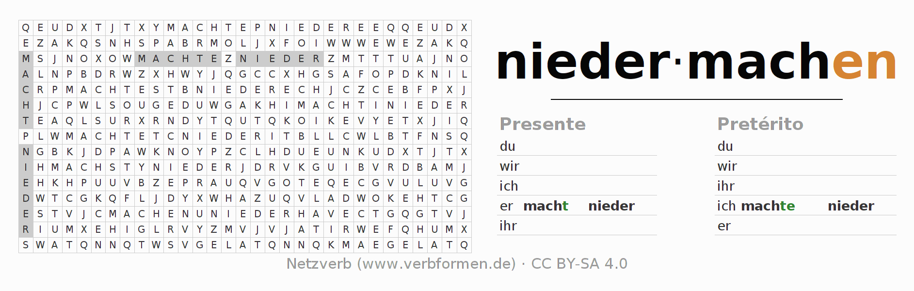 Caça-palavras com a conjugação do verbo niedermachen