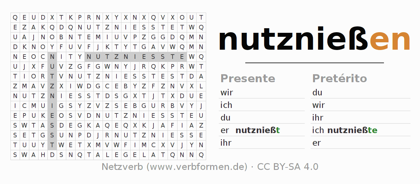 Caça-palavras com a conjugação do verbo nutznießen