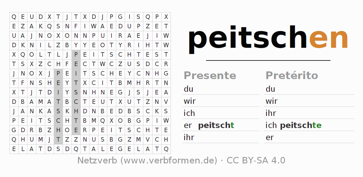 Caça-palavras com a conjugação do verbo peitschen (hat)