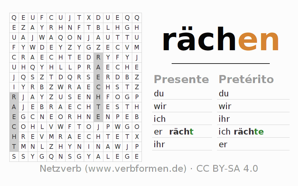 Caça-palavras com a conjugação do verbo rächen