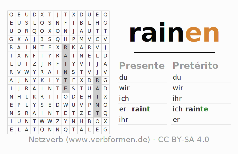 Caça-palavras com a conjugação do verbo rainen