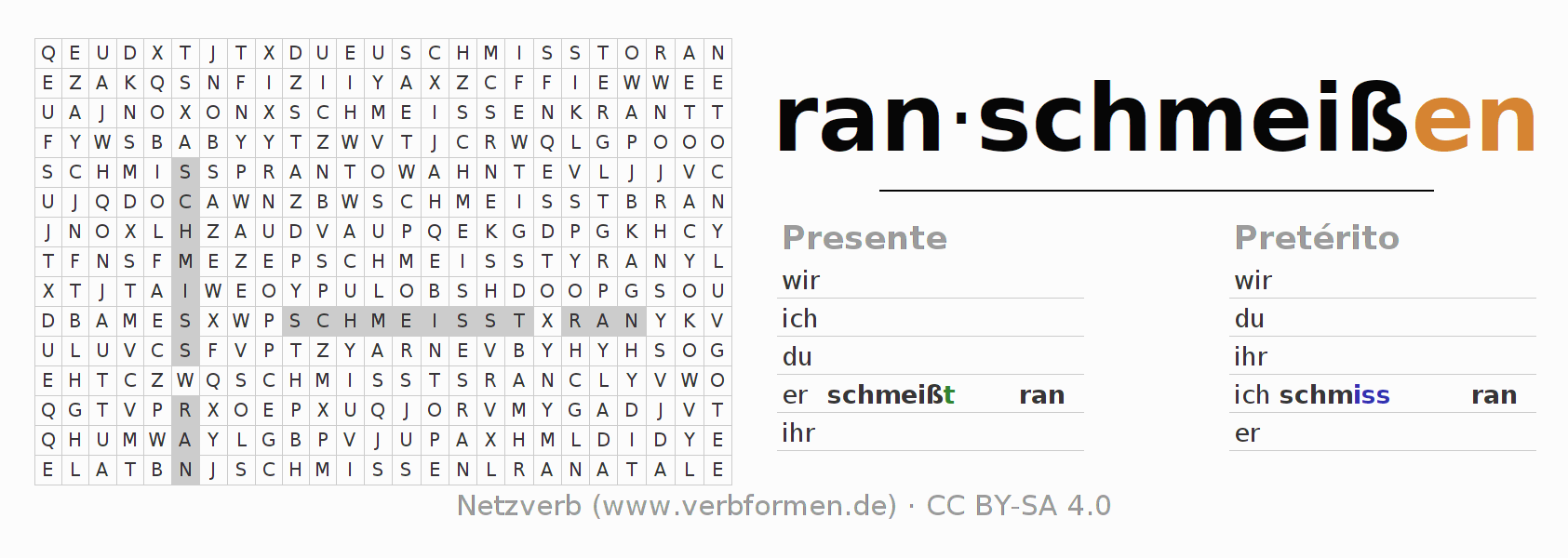 Caça-palavras com a conjugação do verbo ranschmeißen