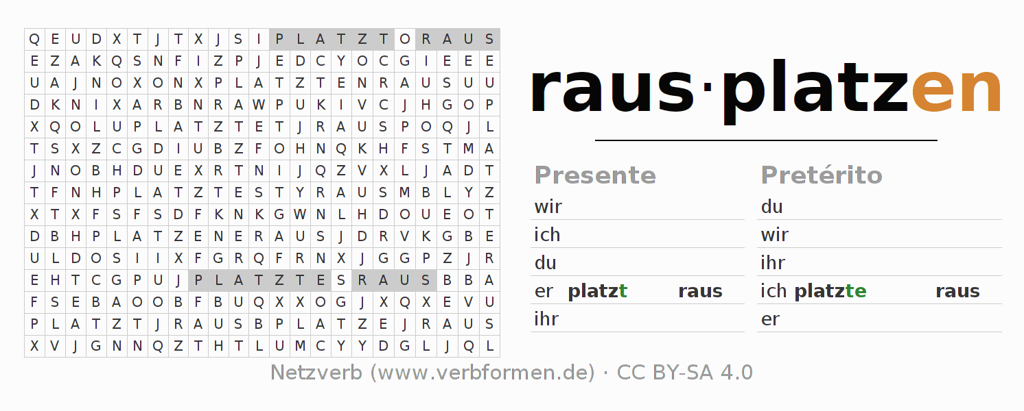 Caça-palavras com a conjugação do verbo rausplatzen