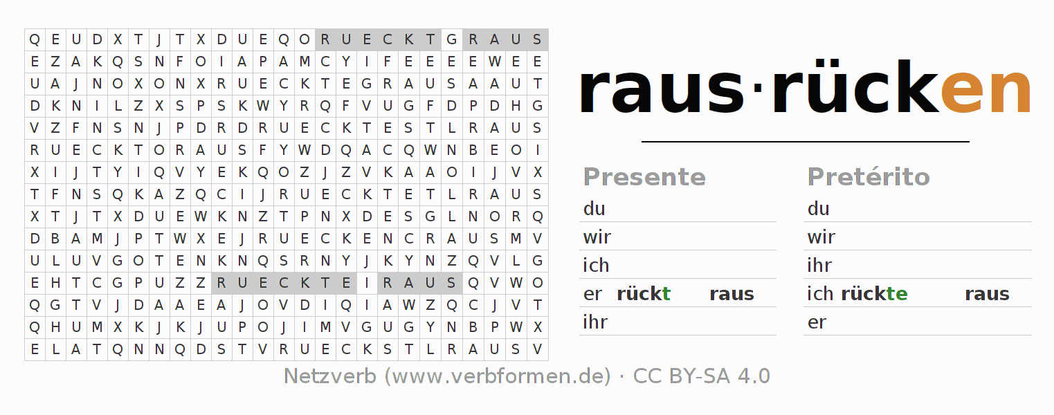 Caça-palavras com a conjugação do verbo rausrücken (hat)