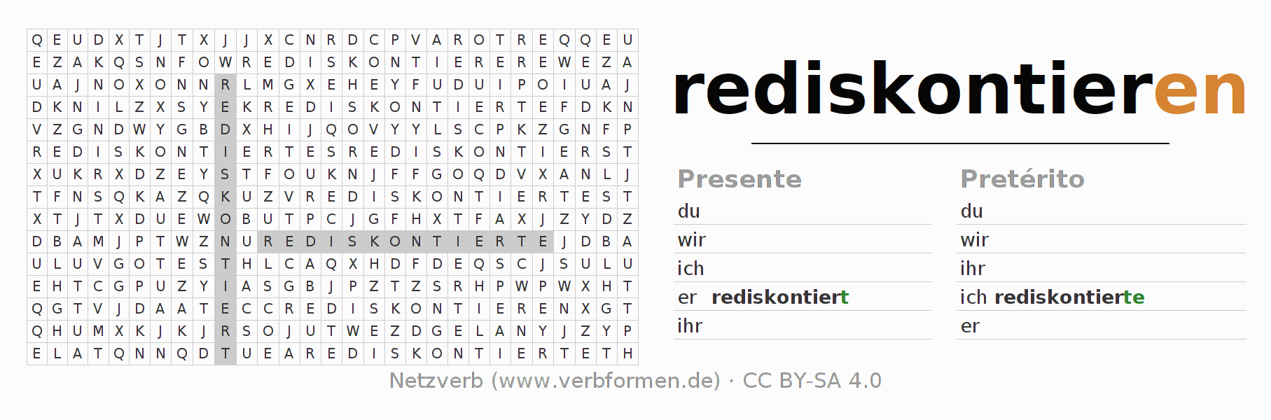 Caça-palavras com a conjugação do verbo rediskontieren
