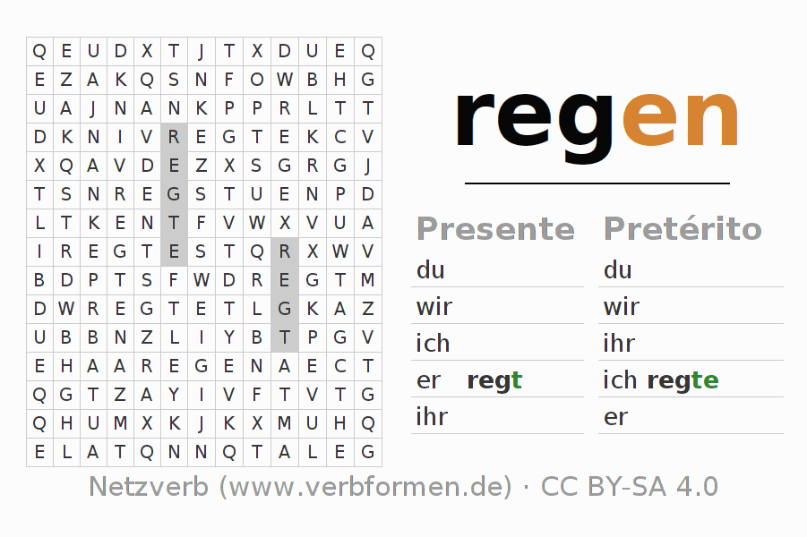 Caça-palavras com a conjugação do verbo regen