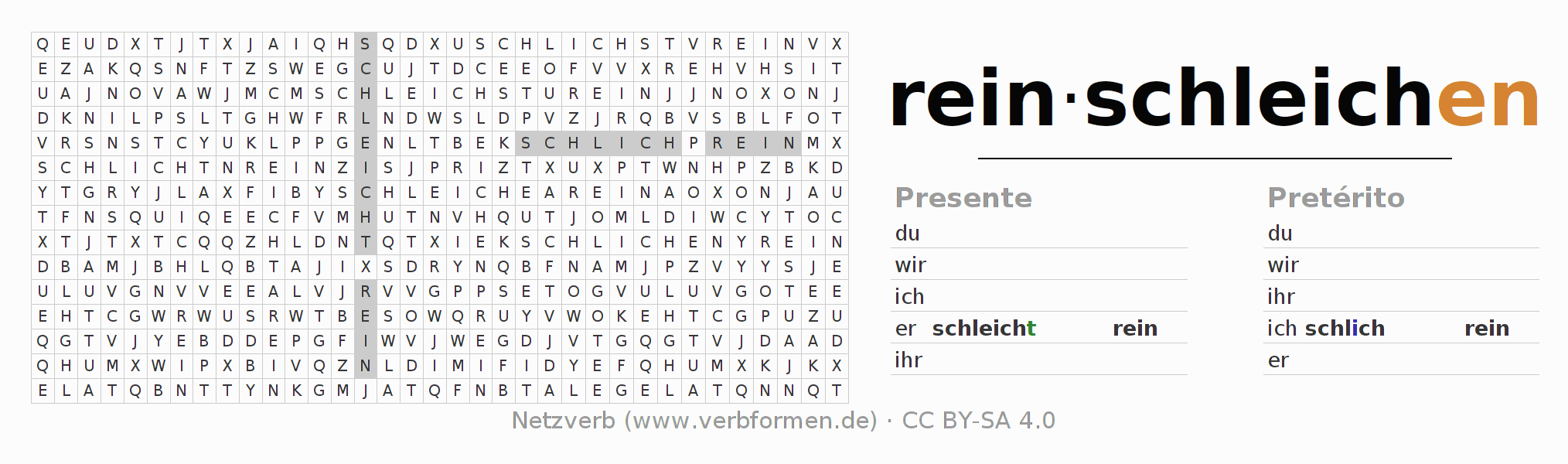 Caça-palavras com a conjugação do verbo reinschleichen