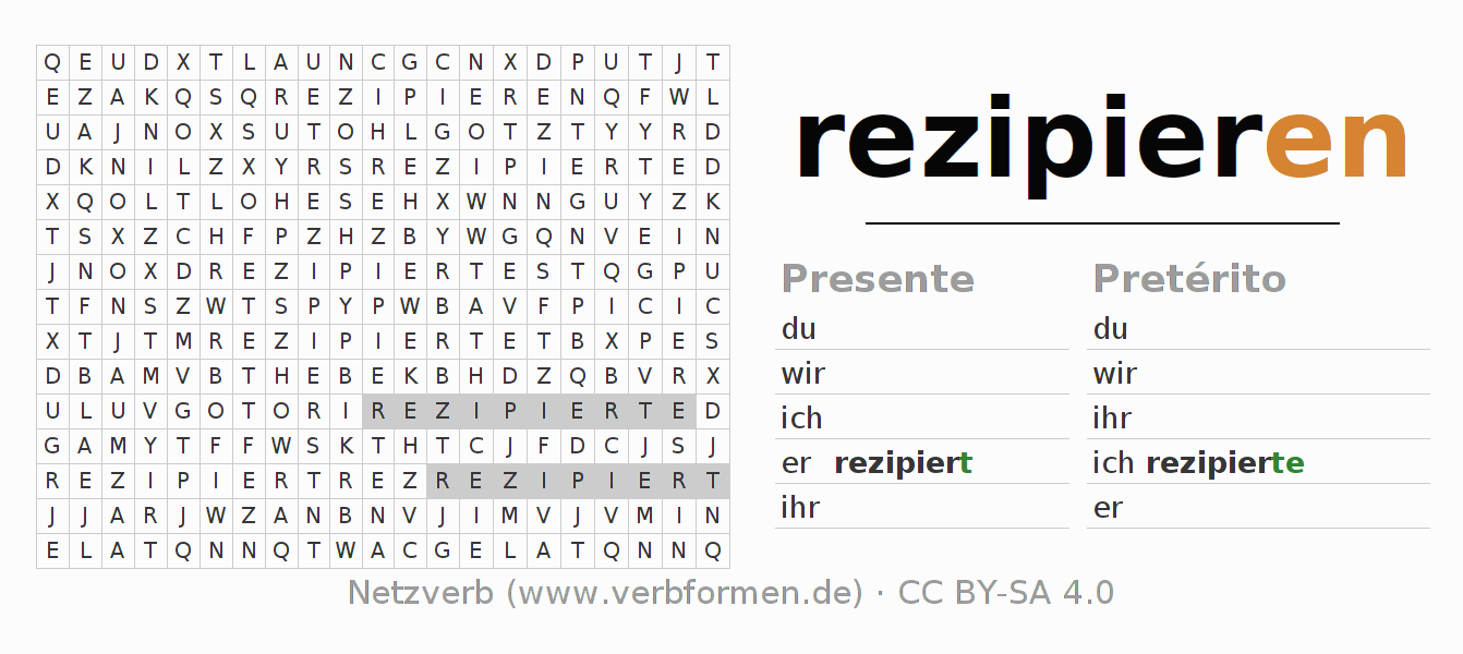 Caça-palavras com a conjugação do verbo rezipieren
