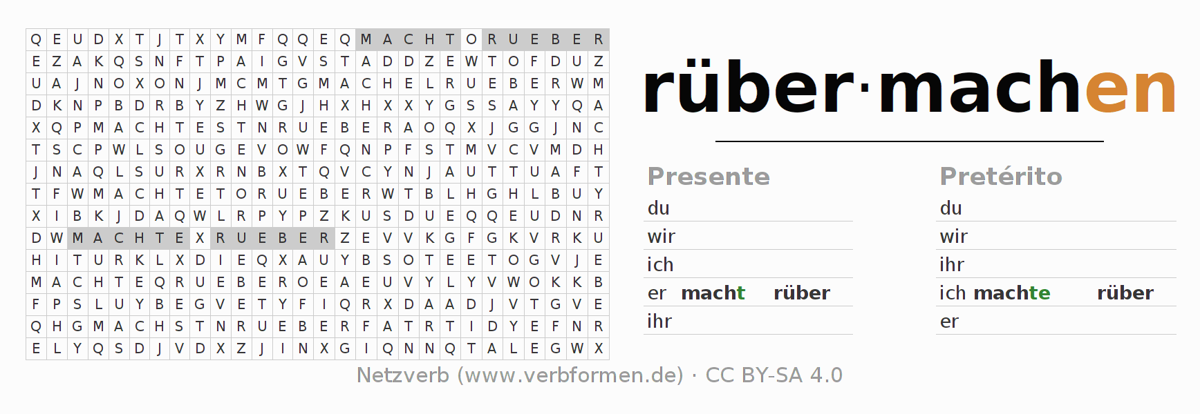 Caça-palavras com a conjugação do verbo rübermachen (hat)
