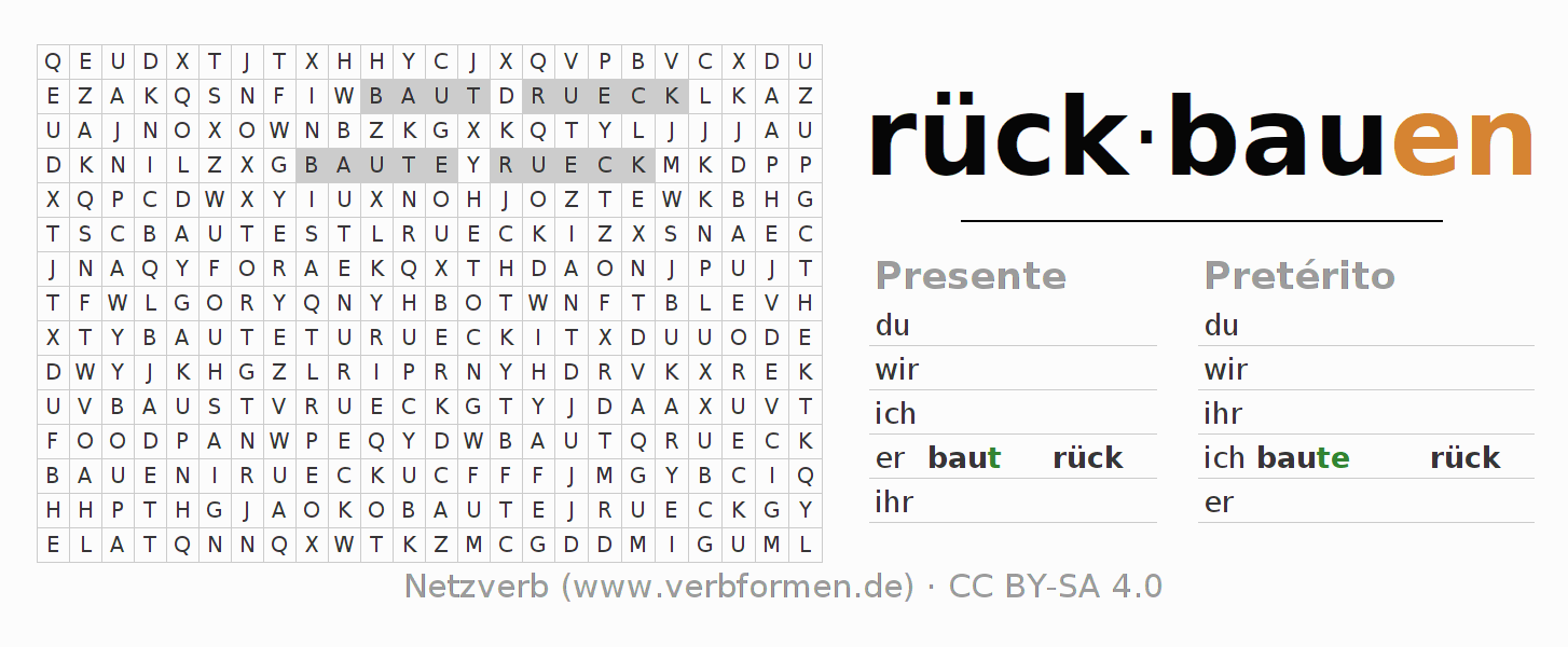 Caça-palavras com a conjugação do verbo rückbauen
