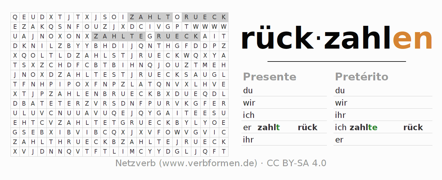 Caça-palavras com a conjugação do verbo rückzahlen