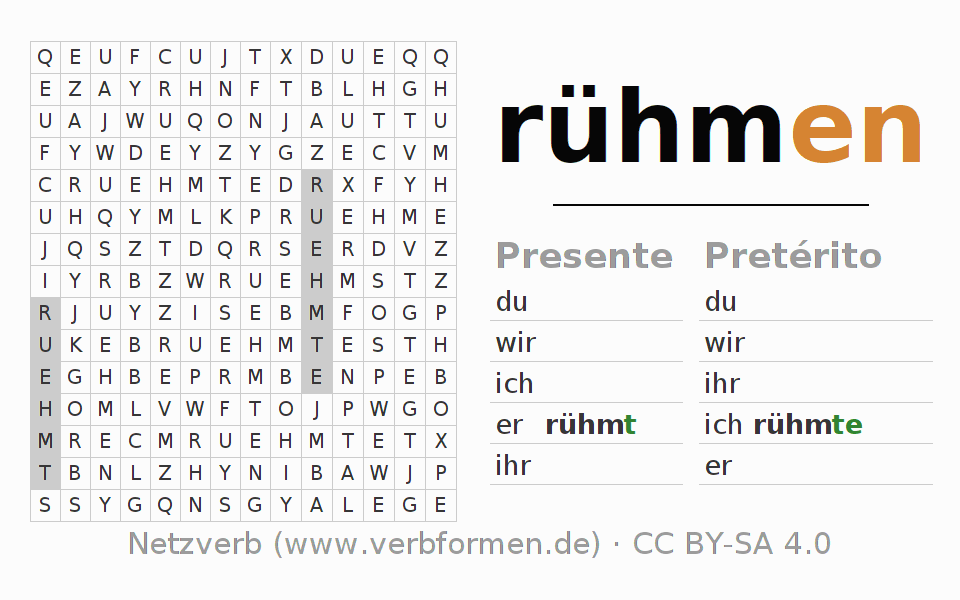 Caça-palavras com a conjugação do verbo rühmen