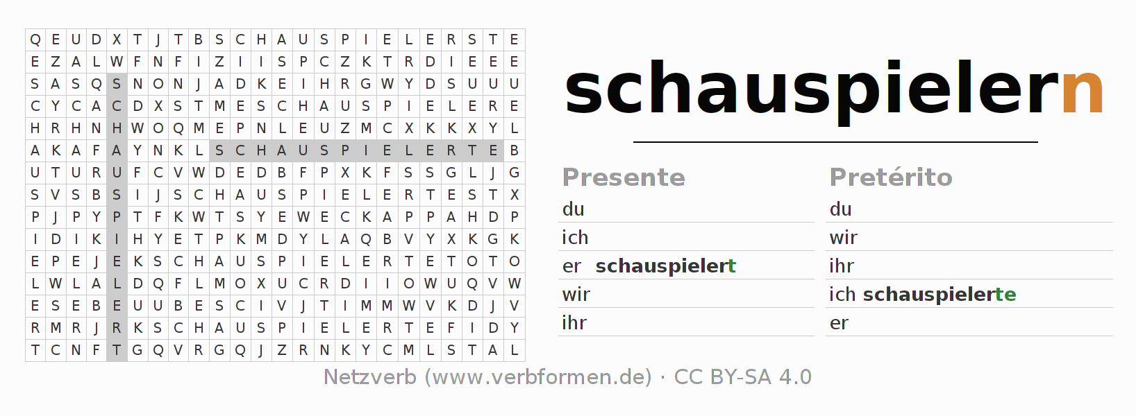 Caça-palavras com a conjugação do verbo schauspielern