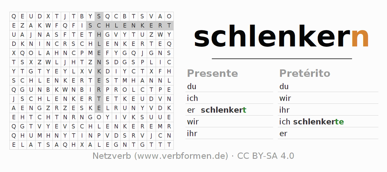 Caça-palavras com a conjugação do verbo schlenkern (ist)