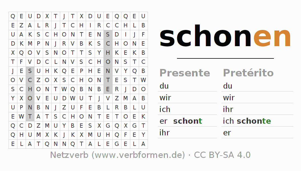 Caça-palavras com a conjugação do verbo schonen