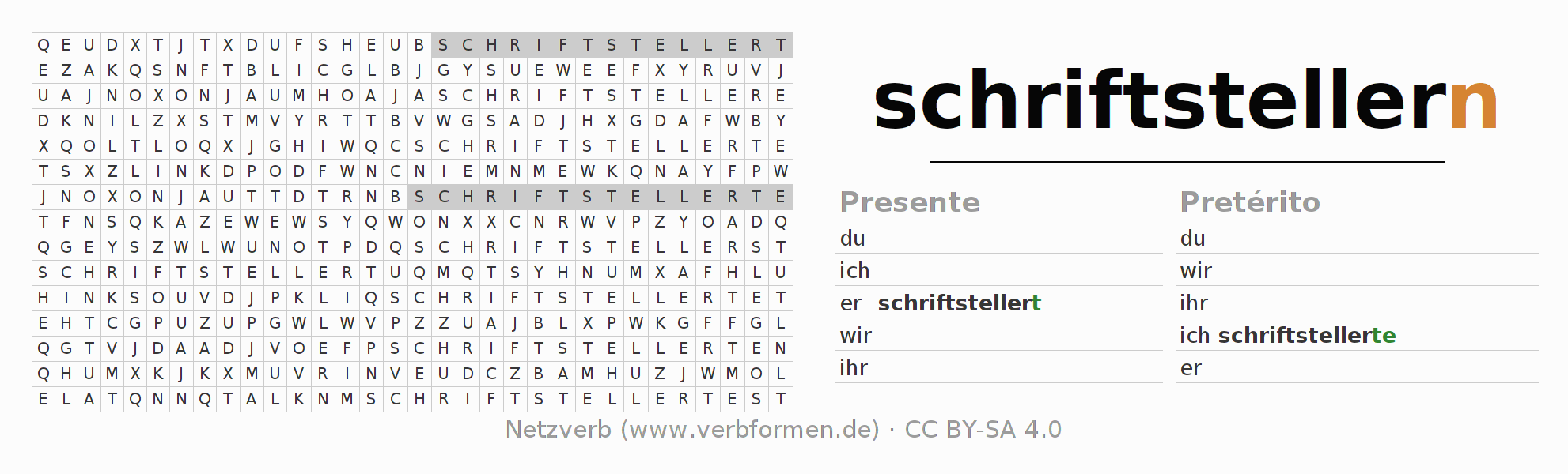 Caça-palavras com a conjugação do verbo schriftstellern