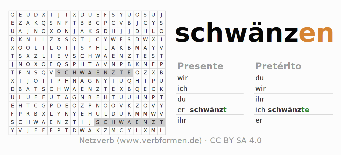 Caça-palavras com a conjugação do verbo schwänzen