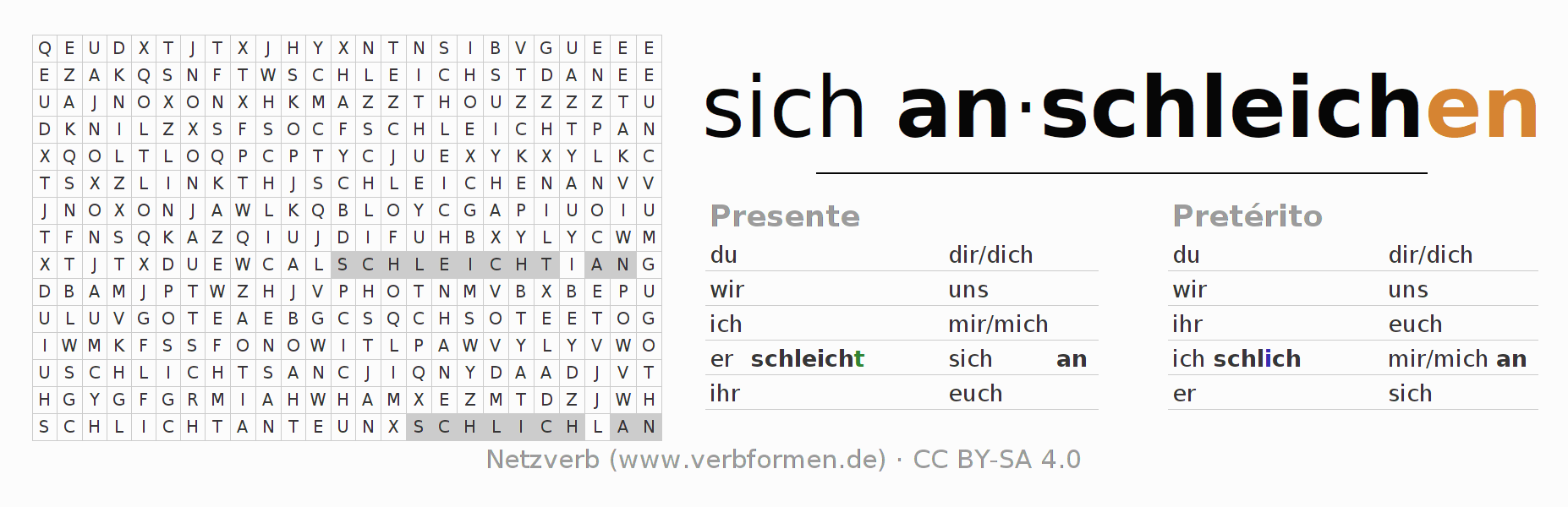 Caça-palavras com a conjugação do verbo sich anschleichen (hat)