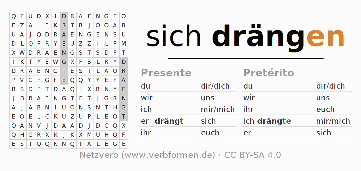 Caça-palavras com a conjugação do verbo sich drängen