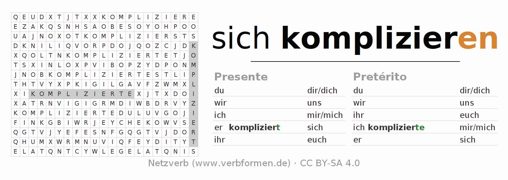 Caça-palavras com a conjugação do verbo sich komplizieren