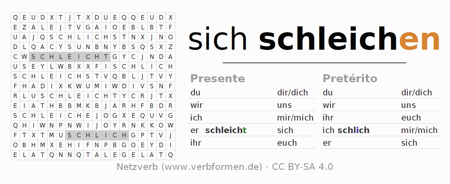 Caça-palavras com a conjugação do verbo sich schleichen (hat)