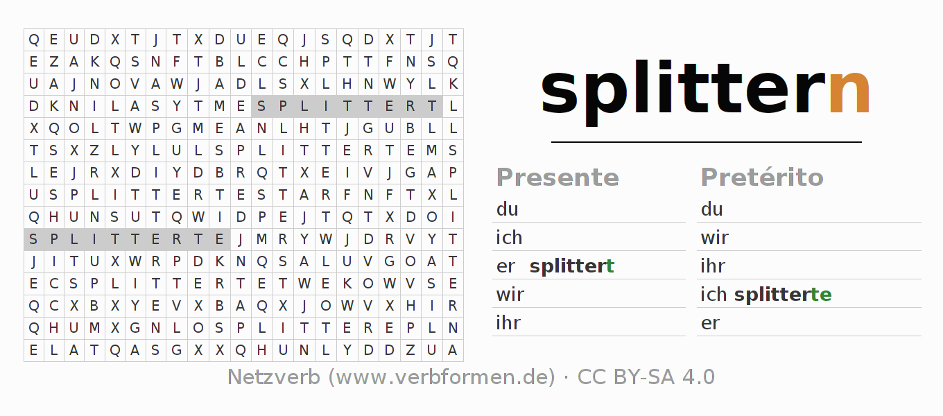 Caça-palavras com a conjugação do verbo splittern (ist)