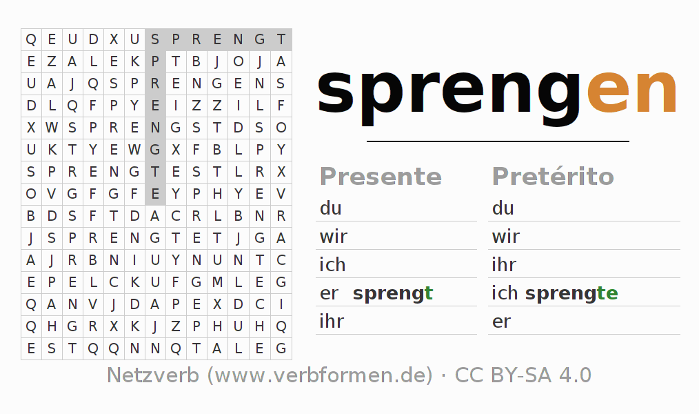 Caça-palavras com a conjugação do verbo sprengen (ist)