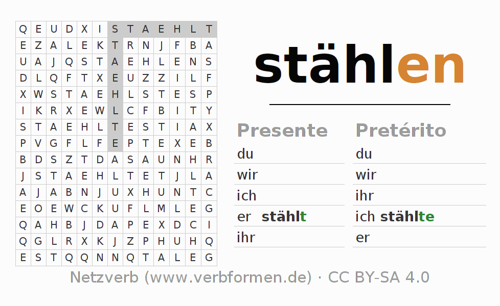 Caça-palavras com a conjugação do verbo stählen