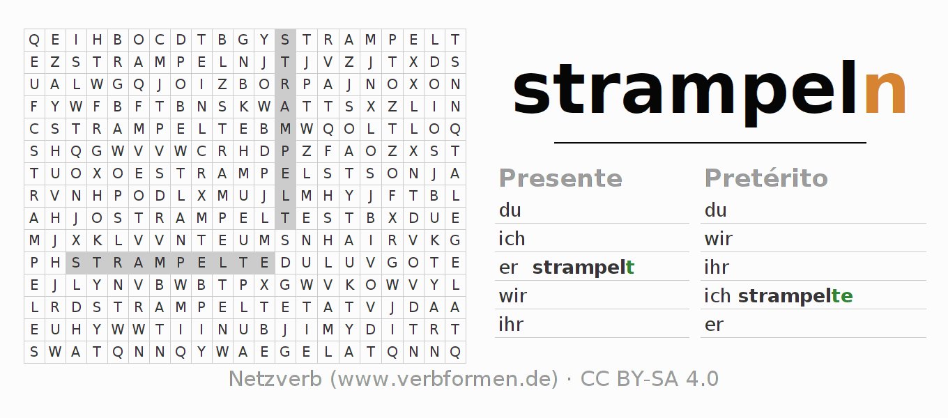 Caça-palavras com a conjugação do verbo strampeln (hat)