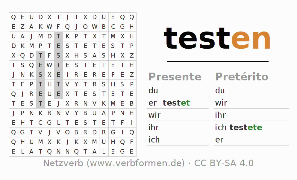 Caça-palavras com a conjugação do verbo testen